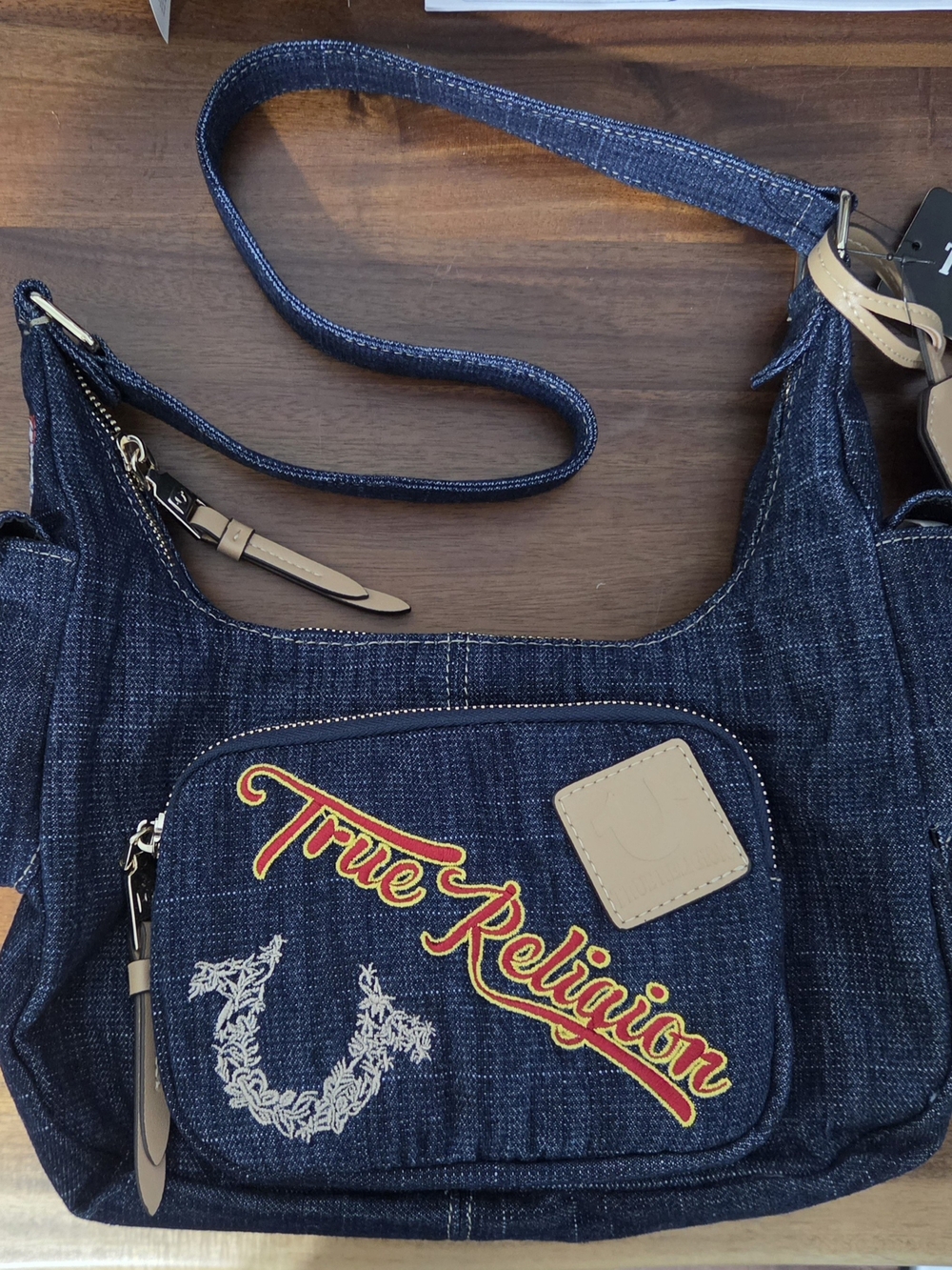 True Religion Denim Messenger Bag with Red & Yellow Logo And Matching Wristlet
